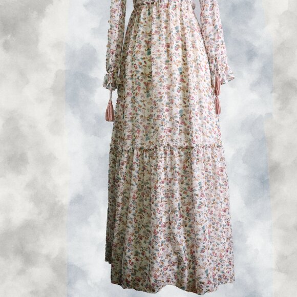 MIKAROSE Floral Cottage Maxi Dress Size Small Romantic Tiered Long Sleeve - Picture 7 of 16